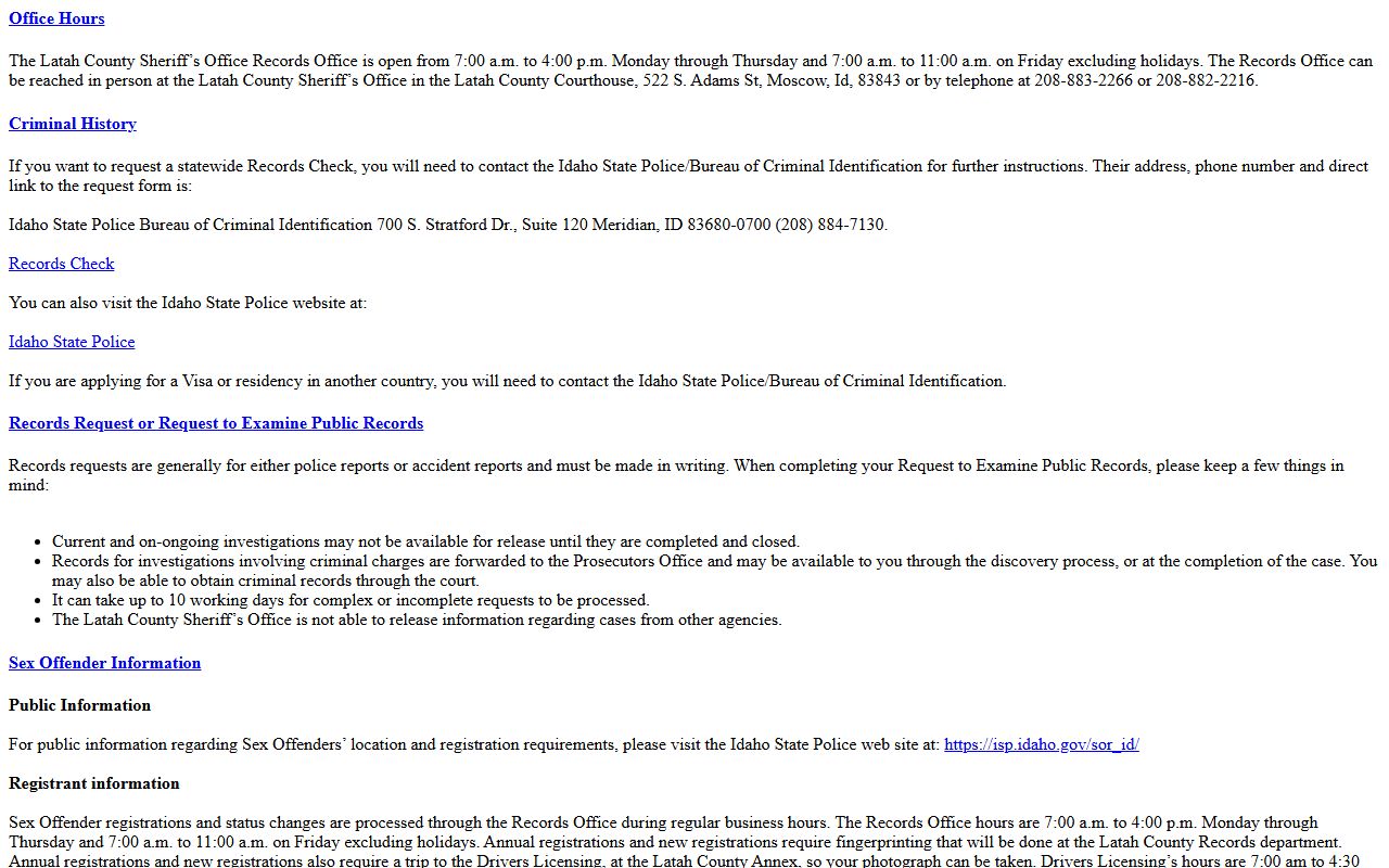 Latah County Sheriff's Records Office inmate records request information