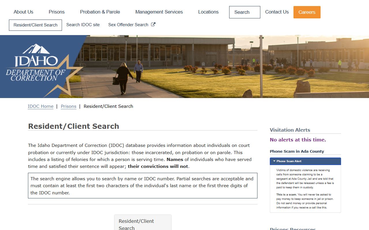 IDOC resident client search for Latah County sentenced inmate lookup